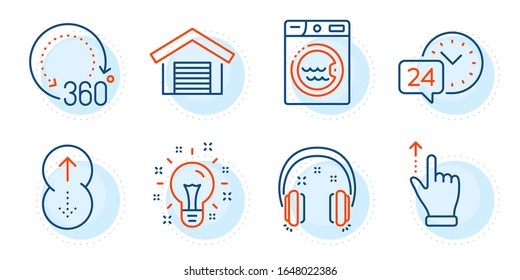 Laundry, Headphones and 24h service signs. 360 degrees, Idea and Swipe up line icons set. Touchscreen gesture, Parking garage symbols. Panoramic view, Creativity. Technology set. Vector