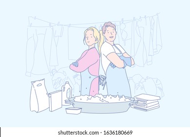 Laundry, help, business, service, cleaner, concept. Laundry owners weekday. Teens washing and cleaning service. Volunteer team help in dry cleaner. Children hand washing housework simple flat vector.