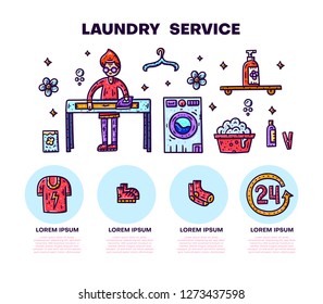 Laundry hero image. Hand drawn vecotor illustration. Man in the laundry