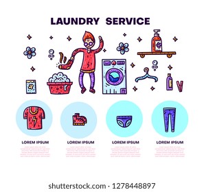 Laundry hero image. Hand drawn vecotor illustration. Man in the laundry with dirty socks