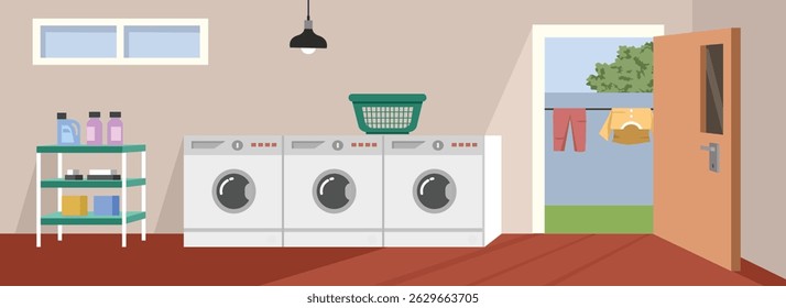 Laundry home. Backyard. Laundry service. Laundry basket. Door. Detergent.
