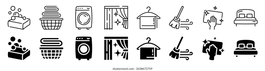 Laundry and home cleaning icon set. Linear and silhouette style.
