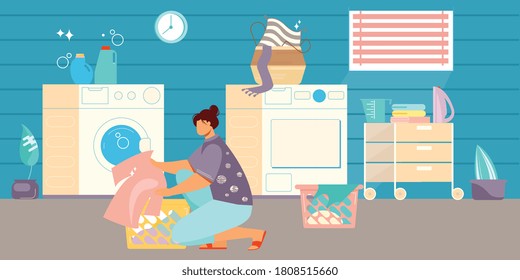 Laundry home flat composition with domestic bathroom interior with washing machine and female character with clothes vector illustration