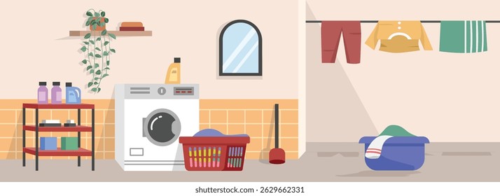 Laundry at home. Washing clothes. Clothesline. Washing machine. Mirror. Dirty clothes basket. Detergent.