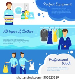 Laundry horizontal banners set with professional work symbols flat isolated vector illustration 