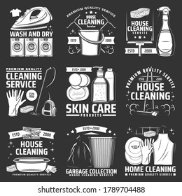 Laundry, house cleaning icons. Vector washing machine, vacuum cleaner and rubber gloves, litter bin, detergent and utensil. Home cleaning supplies and bathroom accessories isolated monochrome signs