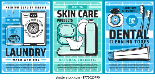 Laundry and hygiene, health and skincare washing, vector posters. Laundry service washing machine detergent, skincare toiletries cosmetics, face cleanser, wet wipe towels, toothpaste and toothbrush