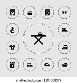 Laundry icon. collection of 13 laundry filled icons such as washing machine, spray bottle, ironing table, iron. editable laundry icons for web and mobile.