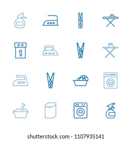 Laundry icon. collection of 16 laundry outline icons such as spray bottle, cloth pin, ironing table, iron, washing machine on sale. editable laundry icons for web and mobile.