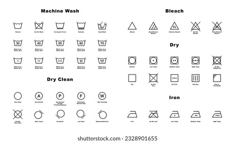 Laundry icon full set. Laundry symbols. Clothes care instruction icons. Washing, water temperature, drying, bleaching, ironing and dry cleaning symbols. Vector illustration.