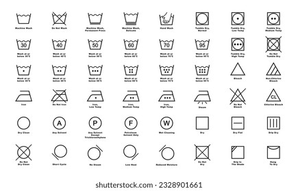 Laundry icon full set. Laundry symbols. Clothes care instruction icons. Washing, water temperature, drying, bleaching, ironing and dry cleaning symbols. Vector illustration.