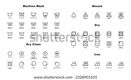 Laundry icon full set. Laundry symbols. Clothes care instruction icons. Washing, water temperature, drying, bleaching, ironing and dry cleaning symbols. Vector illustration.
