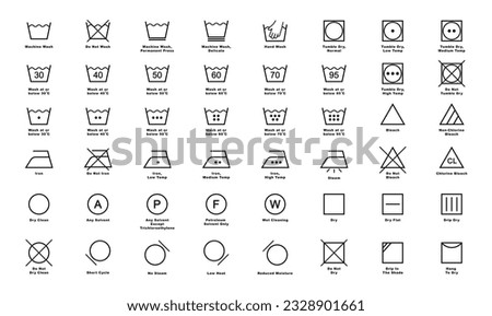 Laundry icon full set. Laundry symbols. Clothes care instruction icons. Washing, water temperature, drying, bleaching, ironing and dry cleaning symbols. Vector illustration.