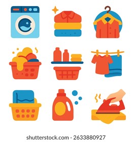 Laundry icon packs with washing machine detergent and iron icons. Suitable for digital platforms and household cleaning products branding.