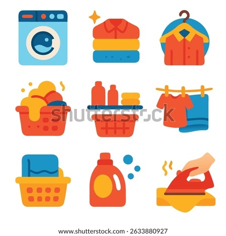 Laundry icon packs with washing machine detergent and iron icons. Suitable for digital platforms and household cleaning products branding.