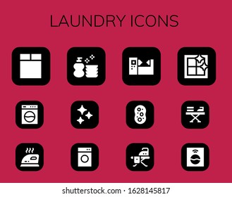 laundry icon set. 12 filled laundry icons. Included Washing machine, Iron, Wash, Clean, Machine, Sponge, Ironing board, Clean window icons