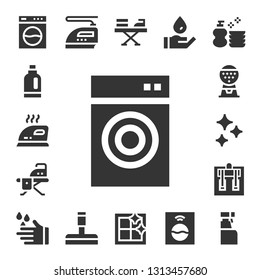 laundry icon set. 17 filled laundry icons.  Simple modern icons about  - Washing machine, Detergent, Iron, Ironing board, Machine, Clean, Wash, Glass cleaner, Clean window, Cleaning spray