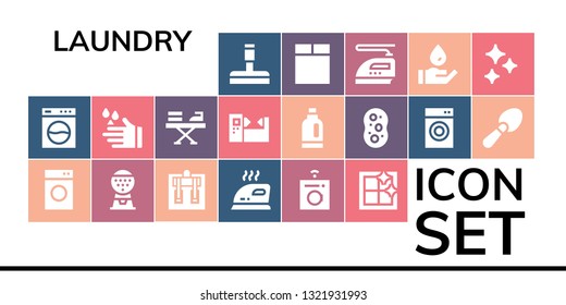 laundry icon set. 19 filled laundry icons.  Simple modern icons about  - Glass cleaner, Washing machine, Machine, Iron, Clean window, Wash, Detergent, Sponge, Scoop, Clean