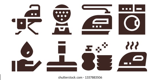 laundry icon set. 8 filled laundry icons.  Simple modern icons about  - Wash, Ironing board, Glass cleaner, Machine, Iron, Laundry