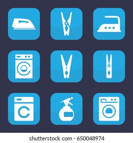 Laundry icon. set of 9 filled laundry icons such as washing machine, spray bottle, cloth pin