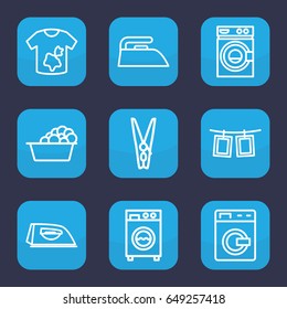 Laundry icon. set of 9 outline laundry icons such as washing machine, iron, cloth pin