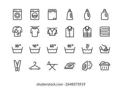 Laundry icon set with adjustable vector line weight including washing machine, washer, detergent, washing equipment, cleaner, basket, hygiene, iron, ironing, temperature, dryer, water, clean icons