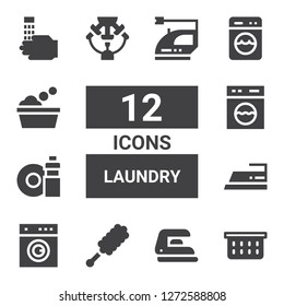 laundry icon set. Collection of 12 filled laundry icons included Laundry basket, Iron, Duster, Laundry, Washing dishes, Washing machine, Machine, Washing, Wash
