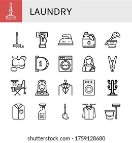 laundry icon set. Collection of Mop, Insert coin, Iron, Cleaner, Cleaning, Sponge, Washing machine, Housekeeper, Clothespin, Ironing board, Maid, Laundry, Coat stand, Ironed icons