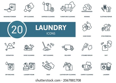 Laundry icon set. Collection of simple elements such as the washing powder, dry cleaning, express cleaning, stan removal, ozonation, wet cleaning, furniture cleaning.