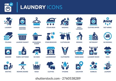 Laundry icon set, containing washing machine, dryer, hanger, iron, clothes and hygiene. Solid vector icons collection.