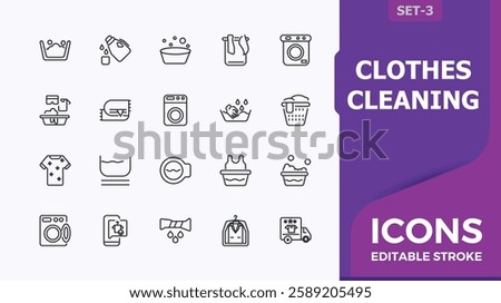 Laundry icon set. Contains linear outline icons like washables, fabric cleaning, launderette, linens, laundry, clothing care and more. Icon design. Modern vector illustration.