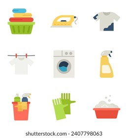 Laundry icon set. Dryer, Washing machine and dirt shirt. Laundromat, hand washing, laundry service. Vector illustration.