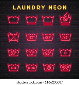 Laundry Icon Set Neon Style Washing  Sign Neon Light Glowing Vector Illustration Red Bright Color