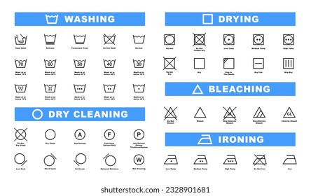 Juego de iconos de lavandería. Símbolos de lavado. Iconos de instrucción de cuidado de ropa. Lavado, temperatura del agua, secado, blanqueamiento, planchado y símbolos de limpieza en seco. Ilustración vectorial.