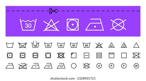 Laundry icon set. Laundry symbols. Clothes care instruction icons. Washing, water temperature, drying, bleaching, ironing and dry cleaning symbols. Vector illustration.