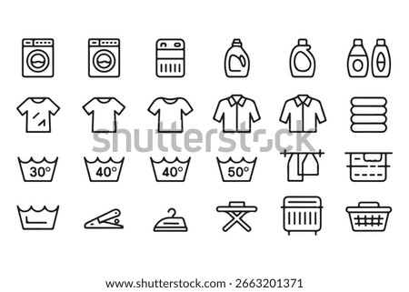 Laundry Icon Set for Washing and Drying Clothes with Machines and Supplies including Detergent and Folding Table
