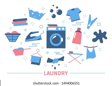 Laundry icon set. Washing machine and clean clothing. Detergent for shirt and hanger. Set of colorful icons. Isolated flat illustration