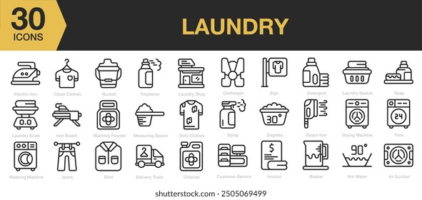 Laundry icon sets. Includes electric iron, clean clothes, detergent, spray, washing machine, iron board, drying machine, and More. Outline icons vector collection.