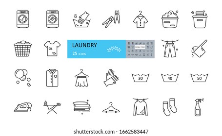 Laundry icon. Vector set of 25 icons with editable stroke. The collection includes a washing machine, gloves, clothes pegs, clean and dirty linen, washing powder, drying clothes, a hanger and an iron.