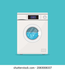 laundry. Icon of wash machine. Close washer. Wash machine with drum, window, door, button and item panel. Washingmachine with detergent in laundering process. Home equipment in front. Vector.