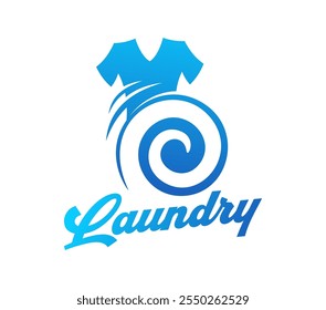 Laundry icon, wash service emblem with a swirl and shirt motif in blue color scheme, symbolizing cleaning and wash services. Isolated vector emblem for branding laundromats or cleaning businesses