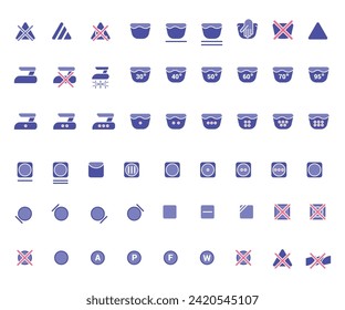 Laundry icons. Care clothes instructions on labels, machine or hand washing signs. Water, ironing and drying temperature symbols collection, textile and fabric types. Vector line items isolated set