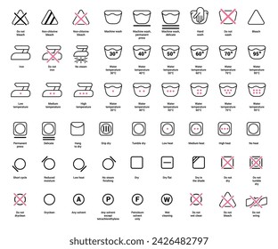 Laundry icons. Care clothes instructions on labels, machine or hand washing signs. Water, ironing and drying temperature symbols collection, textile and fabric types. Vector line items isolated set