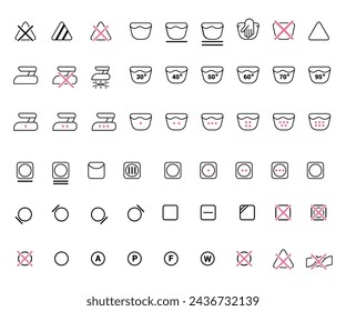 Laundry icons. Care clothes instructions on labels, machine or hand washing signs. Water, ironing and drying temperature symbols collection, textile and fabric types. Vector line items isolated set