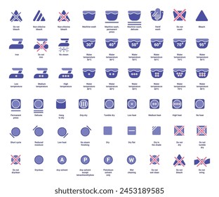 Laundry icons. Care clothes instructions on labels, machine or hand washing signs. Water, ironing and drying temperature symbols collection, textile and fabric types. Vector line items isolated set