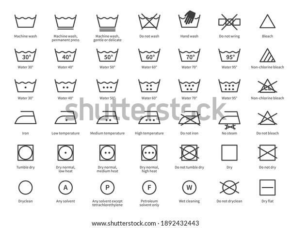 Laundry icons. Care clothes instructions on labels,\
machine or hand washing signs. Water, ironing and drying\
temperature symbols collection, textile and fabric types. Vector\
line items isolated\
set