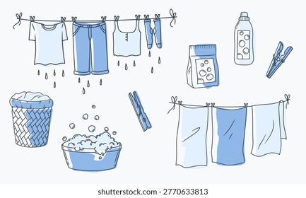 Laundry icons, clothes line, washing set, hand drawn blue doodles, domestic chores, wet clothing hanging, detergent bottle, soap bubbles, laundry basket, pins