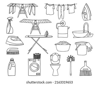 Laundry icons collection in vector. Doodle laundry icons set in vector. Hand drawn laundry illustrations in vector.