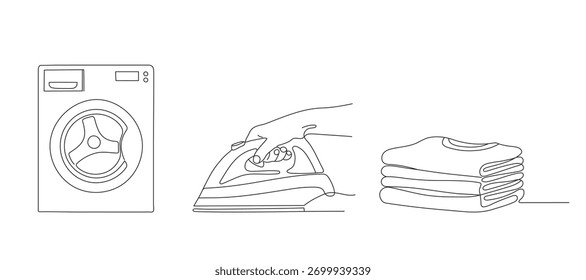 Os ícones de lavanderia são projetados em um estilo de linha contínua. Eles incluem uma máquina de lavar, uma mão segurando um ferro e uma pilha de roupas dobradas. Linha editável