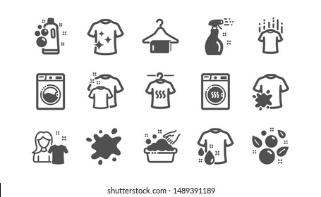 Laundry icons. Dryer, Washing machine and dirt shirt. Laundromat, hand washing, laundry service icons. Classic set. Quality set. Vector